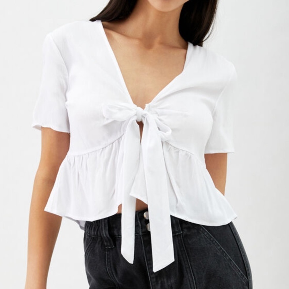 John Galt Linen Tie Front Ruffle Crop Top Coquette Soft Girl